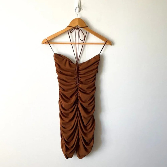 Zara Ruched Cut Out Halter Tie Mini Dress Brown Size Medium - Picture 8 of 11